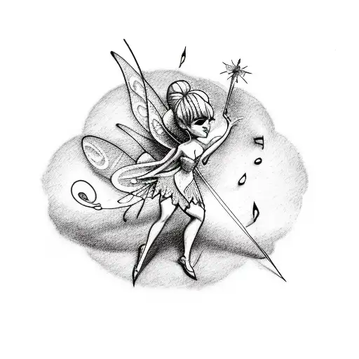 A Sketch Style Tattoo Of Tinkerbell Sprinkling Pixie Dust Over A Music Staff