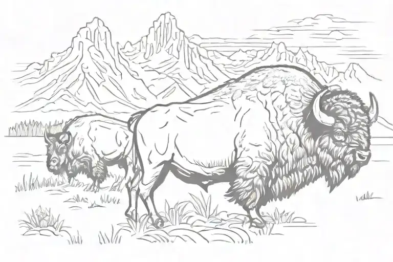 Bison And Bull In The Foreground With The Grand Tetons In The Back Ground