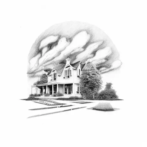 A Sunset With A White Two Story Farmhouse With Black Shutters