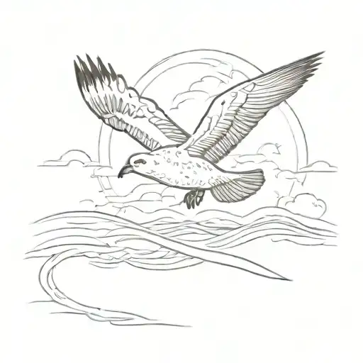 A Sketch Of A Seagull Flying Over The Ocean At Sunset