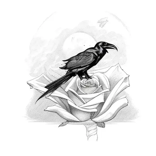 Raven Perched On A Blood Red Rose