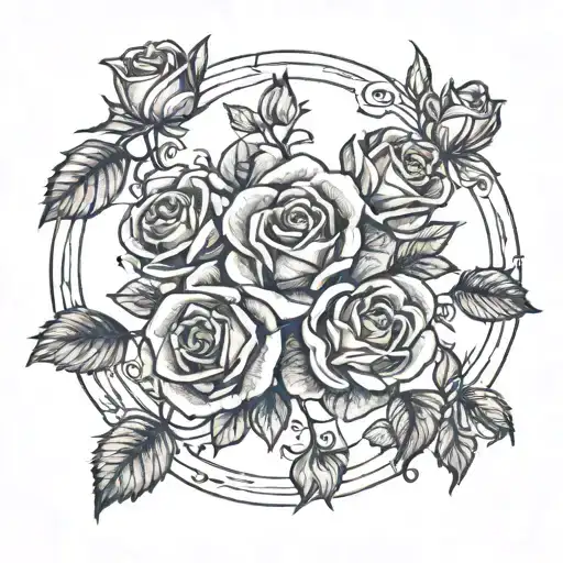 Circle Ring Of Several Small Roses Around A Center Flourish Design