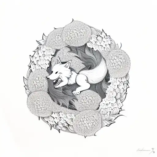 Nine Tailed Fox With Hydrangea