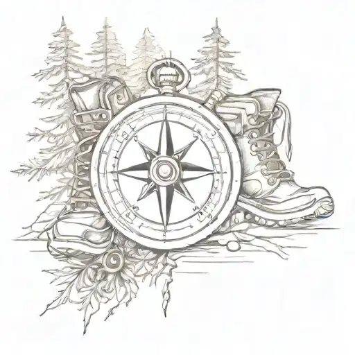 A Sketch Style Tattoo Of A Compass Surrounded By Pine Trees And Hiking Boots