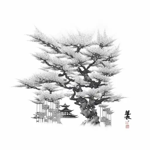 Abstract Interpretation Of A Japanese Temple With Clouds And Blossoms