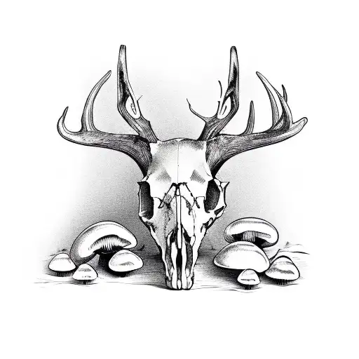 Roe Deer Skull With Mushrooms