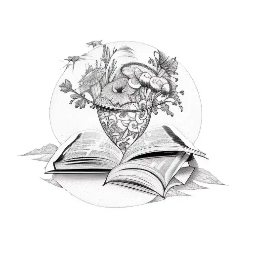 A Traditional Style Tattoo Of A Nature Scene With Books And Flowers Intertwined