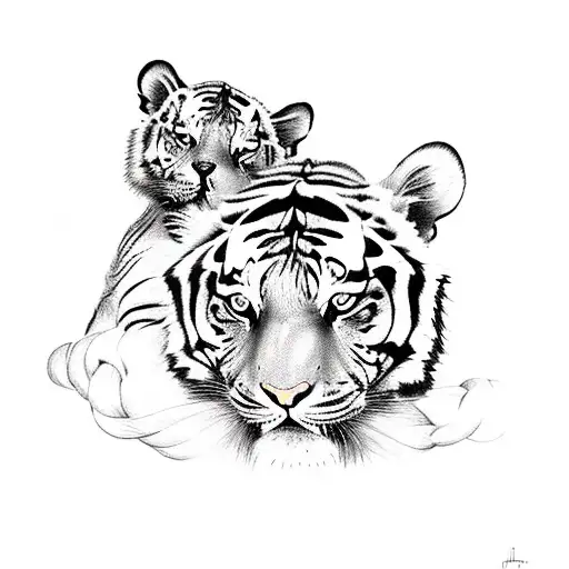 Tiger With 3 Cubs Intertwined With Roses And A Flatearth Theme