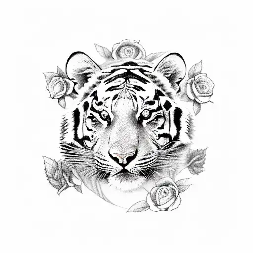Generate A Sleeve Tattoo Featuring A Tiger With 3 Cubs Intertwined With Roses And A Flatearth Theme