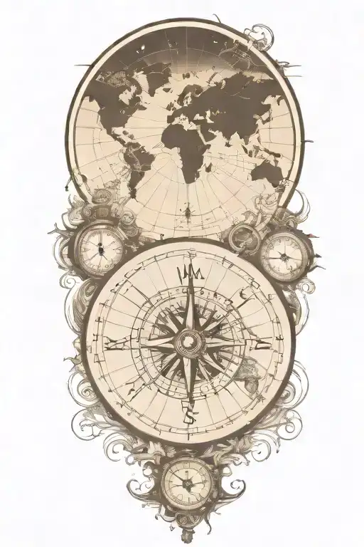 Compass And Pocket Watch Over World Map Outline