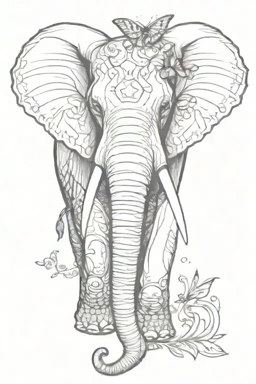 Hand Drawn African Elephant Head With Butterfly Wings As The Ears