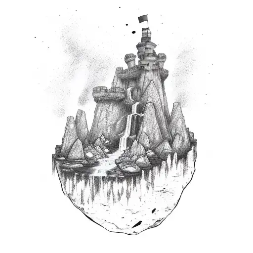 Floating Castle On Rock With Waterfall Flowing Down