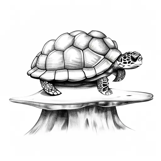 Turtle On Treestump With Mushrooms
