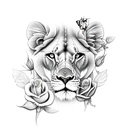 Lioness With Butterfly And Rose