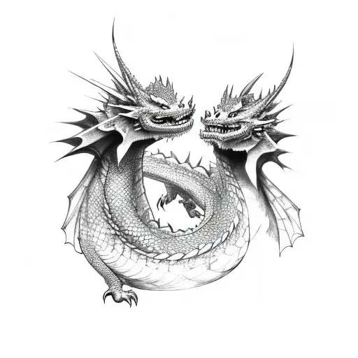 Two Dragons Pointing In Different Directions With Tails Wound Together
