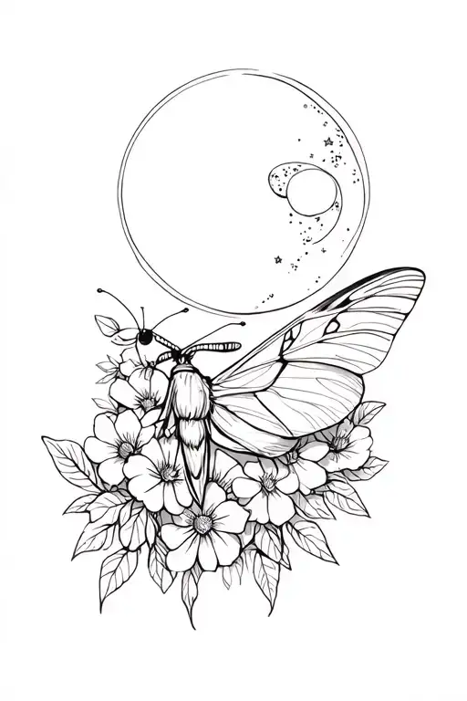 Long Tailed Leaf Moth With Flowers And A Moon