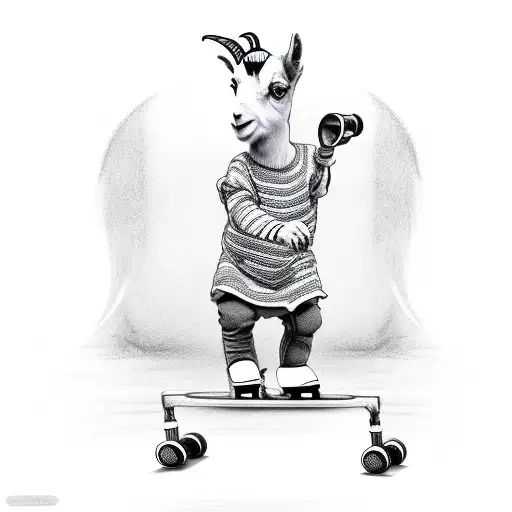 Dancing Baby Goat Standing On Two Rollerskates With