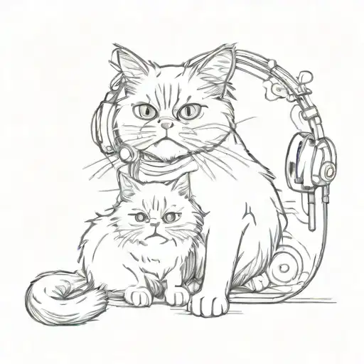 A Sketch Style Tattoo Of A Persian Cat And A Shitzu Listening To Music With A Man