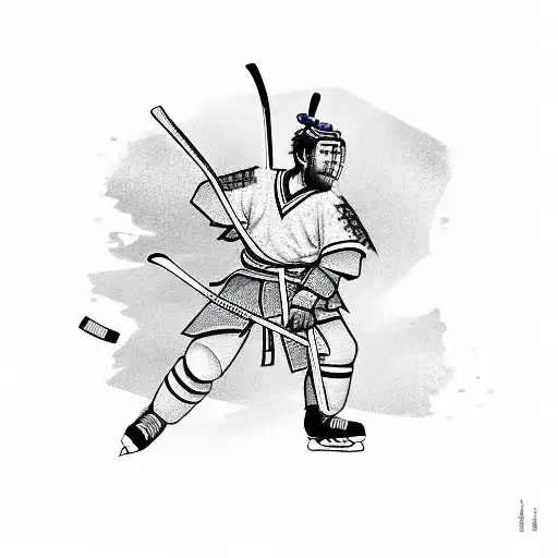 A Samurai Warrior Playing Ice Hockey With A Canadian Flag In The Background