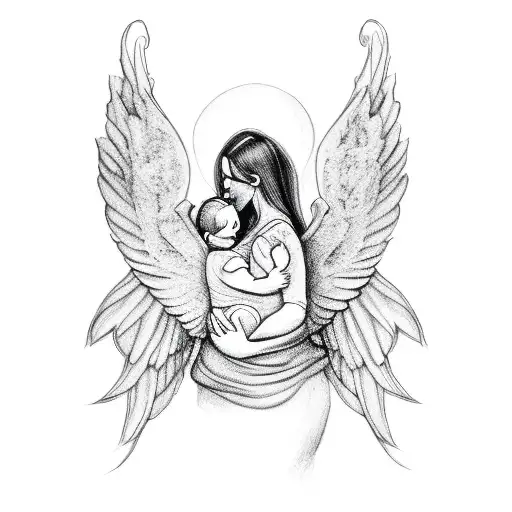Outline Of Mother And Baby With Wings