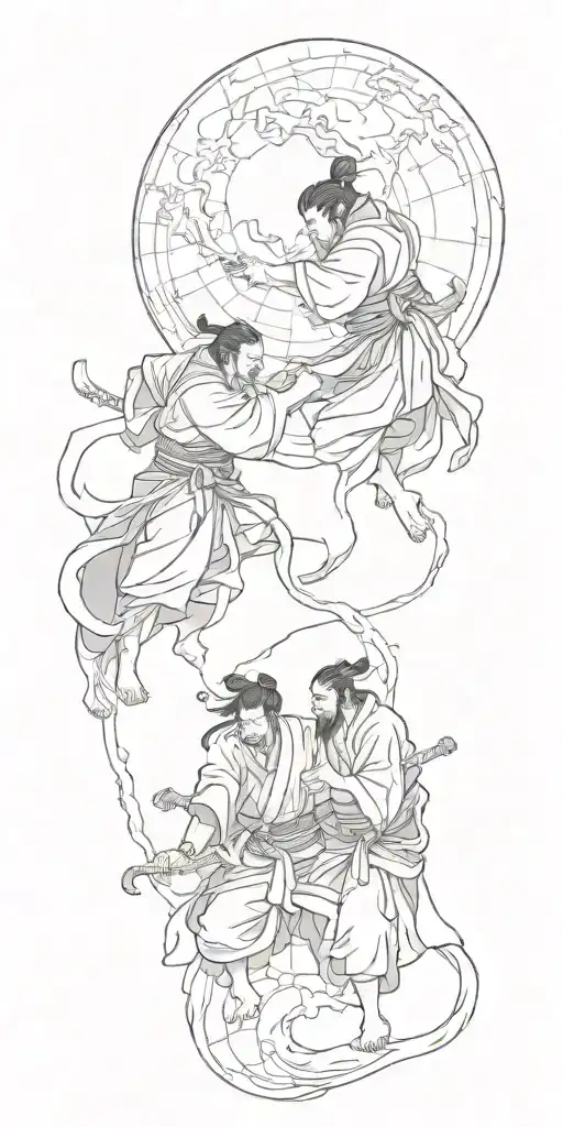 Two Japanese Onis Holding The World From Below Together While Fighting