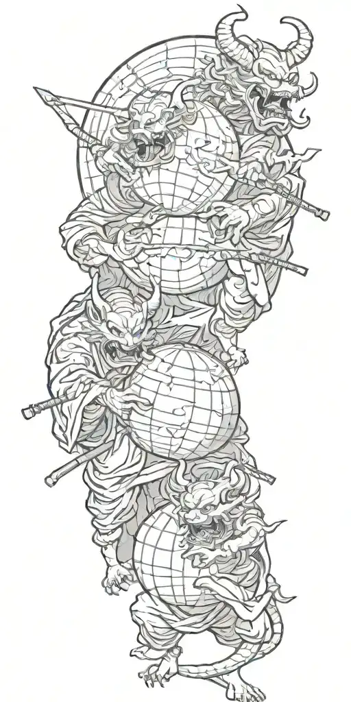 Two Japanese Demons Holding The Earth Globe From Below Together With Their Katanas Ready To Fight