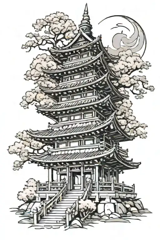 One Burning Pagoda Temple With Cherry Blossoms