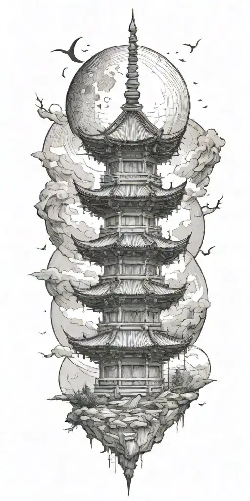 The Pagoda Is Shorter And There Is Nothing In Front Of The Moon
