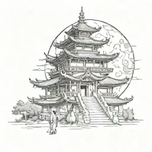 A Sketch Of A Haunted Pagoda With Ghostly Figures And A Full Moon In The Background