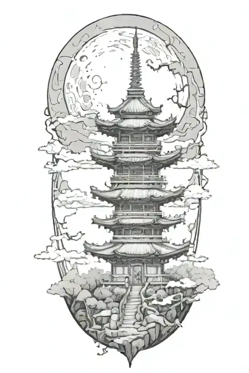 A Sketch Of A Haunted Pagoda With Ghostly Figures And A Full Moon In The Background