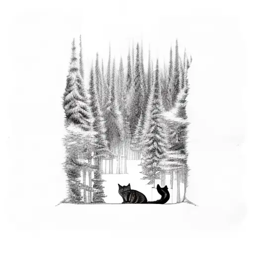 A Mystical Forest Scene With Hidden Cats Among The Trees