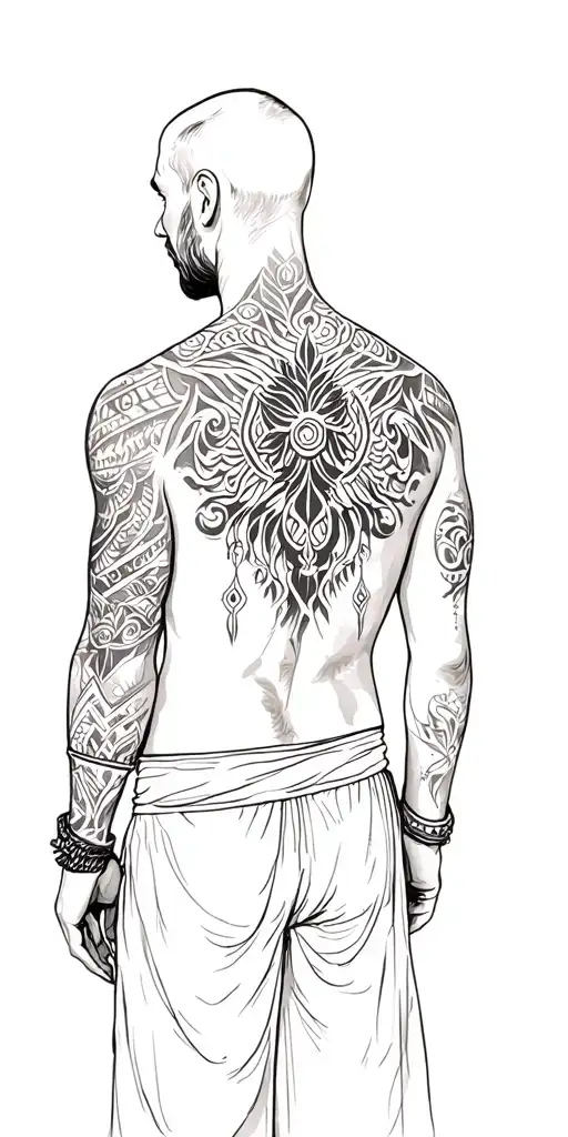 A Man With Tribal Tattoos On His Back