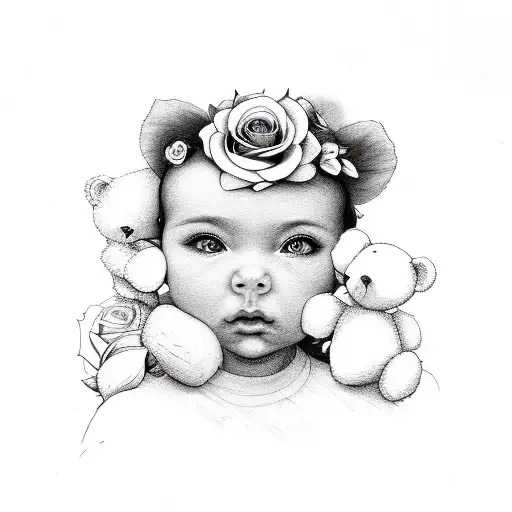 Baby Girl Face With Roses And Teddy Bears Surrounding The Face