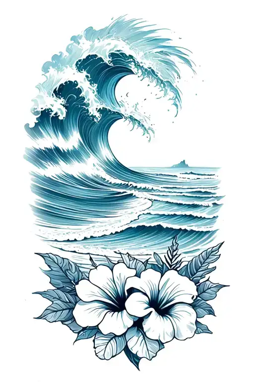 Ocean Waves Crashing On Beach With Hibiscus Flowers On The Bottom