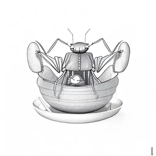 Little Cute Chubby Praying Mantis With A Bowl Of Rice