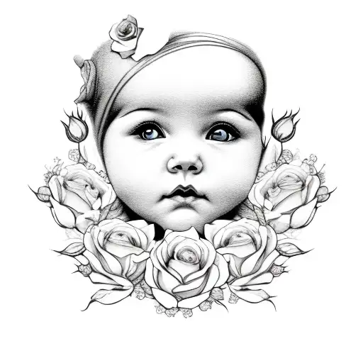 Baby Girl Face With Roses And Teddy Bears Surrounding The Face