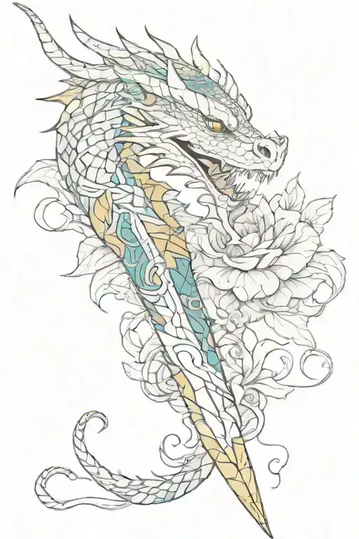 A Dragon Wrapped Around A Dagger With A Kintsugi Pattern And A Smeraldo Flower