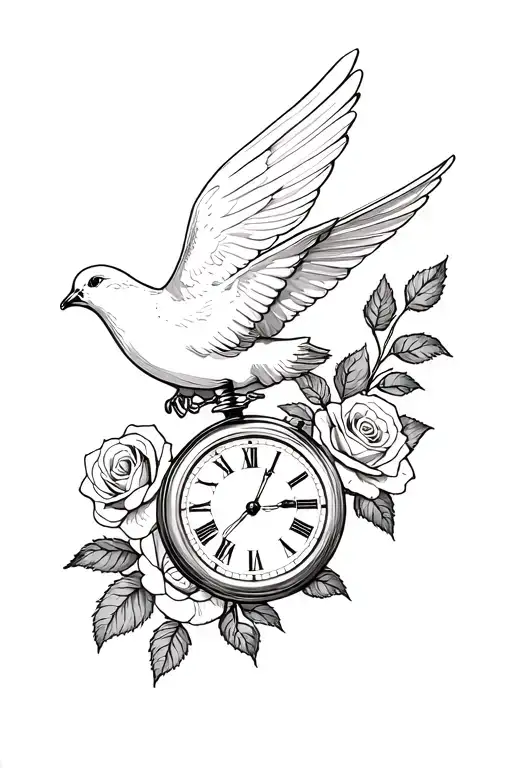 Dove With A Pocket Watch And Roses