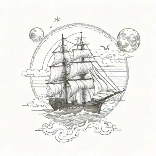 Three Mast Ship Sailing Full Moon