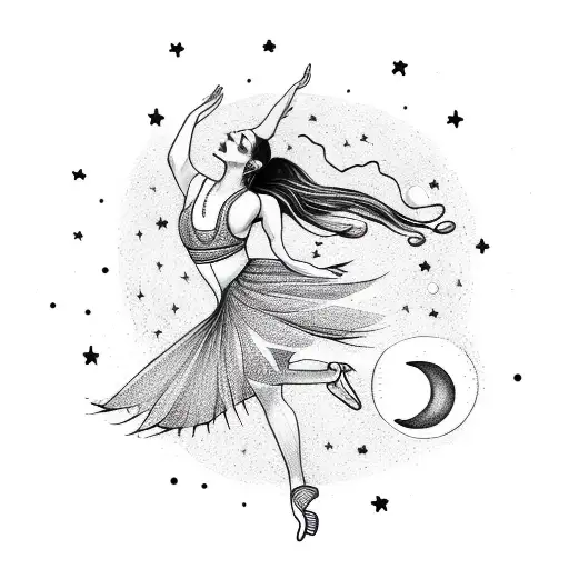 A Dancer Gracefully Moving Under A Night Sky Filled With Blooming Flowers And Crescent Moon