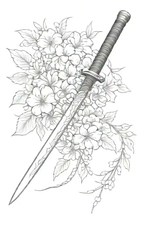 Katana Surrounded By Small Flowers