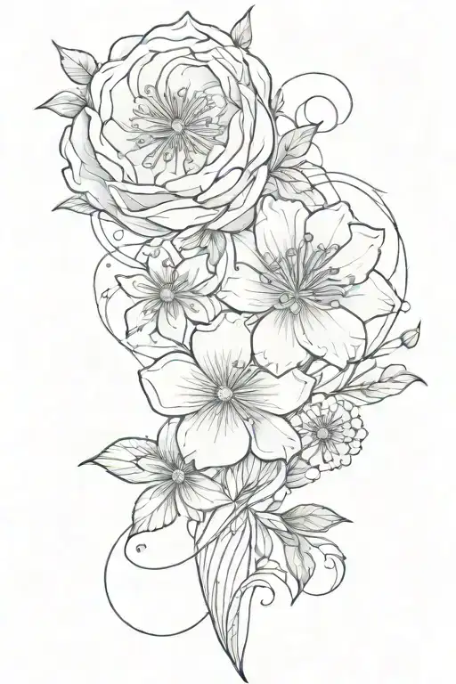 Fine Line Flower Tattoo With Initials C & J White Drawing