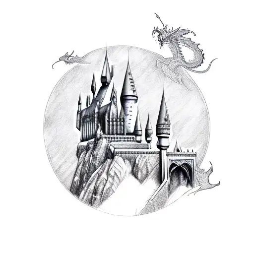 Hogwarts Castle And A Dragon Coming Out Of A Book