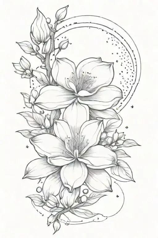 Magnolia Flower Intertwined With Some Dots And A Moon