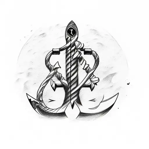 A Sketch Style Tattoo Of A Surfboard With An Anchor As The Centerpiece