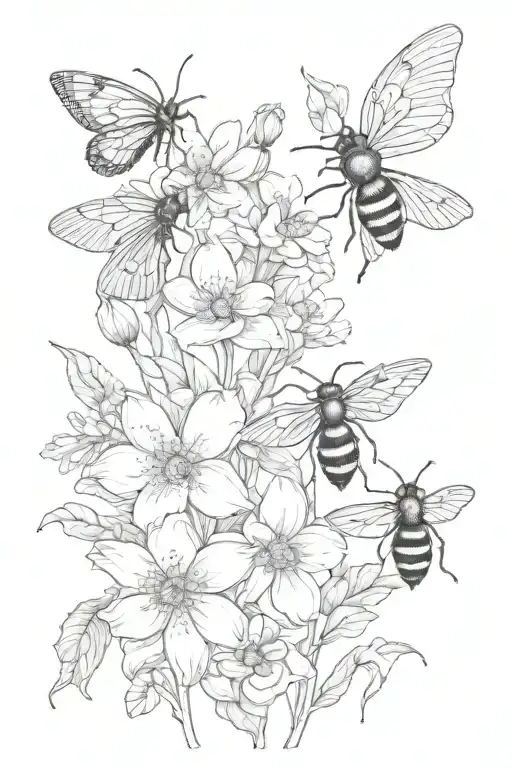 Coloured Flowers With Black And White Insects