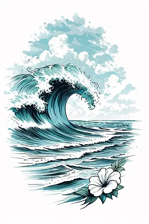 Waves Crashing On The Beach With Small Hibiscus Along Right Side