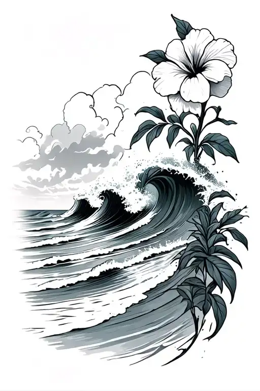 Waves Crashing On The Beach With Small Hibiscus Along Right Side