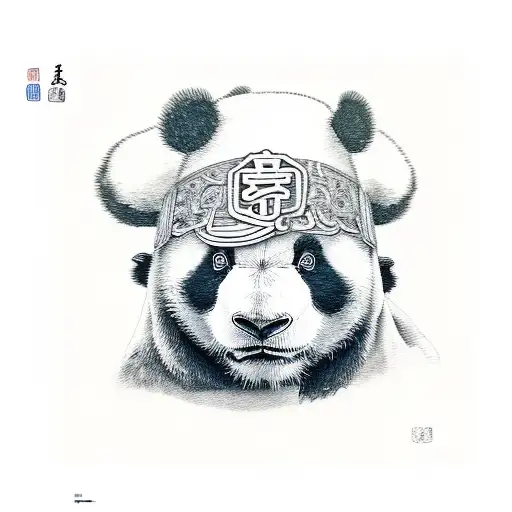 Panda Head Black And White With Blue Eyes And Wearing A Chinese Hat