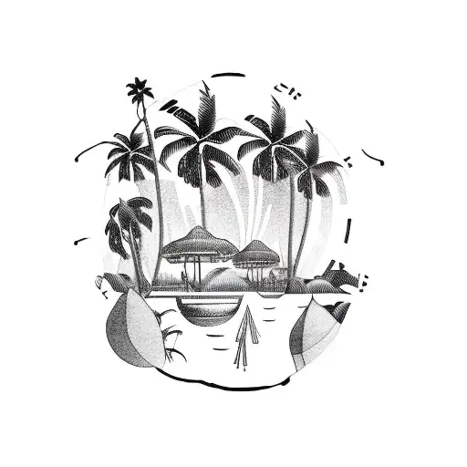 A Blackwork Tattoo Of A Camera Surrounded By Palm Trees On A Beach Background